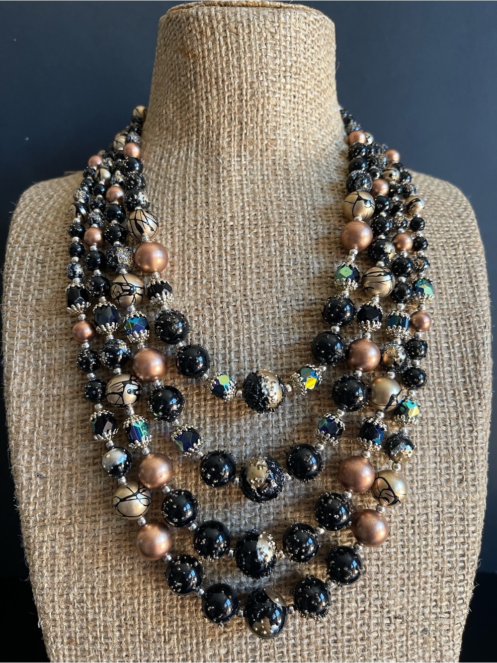 Vintage Japan Multi-Strand Black and Gold Beaded Statement Necklace
